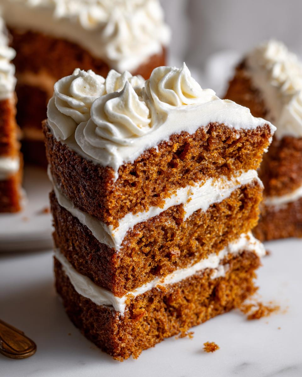 Close-up of a moist, three-layer spice cake slice topped with piped white frosting.