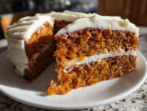 Close-up of a moist, two-layer orange spice cake slice with thick cream cheese frosting.