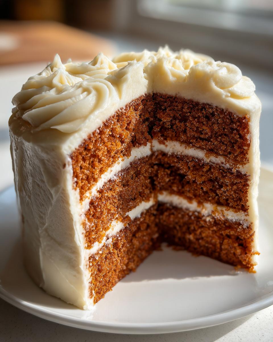 Close-up of a slice removed from a layered spice cake, showing moist brown crumb and thick white frosting.