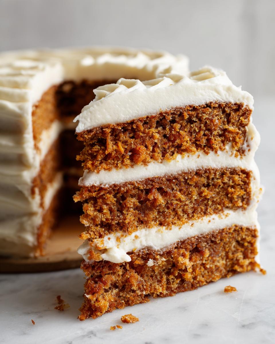 Close-up of a thick slice of moist spice cake layered with white cream cheese frosting.