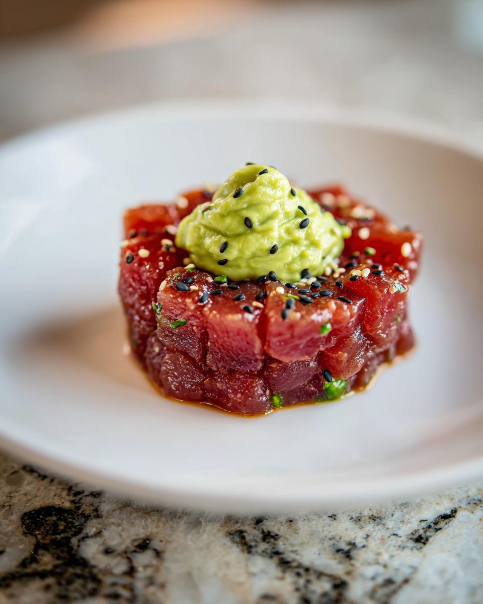 Close-up of a molded portion of fresh tuna tartare topped with creamy avocado puree and sesame seeds.