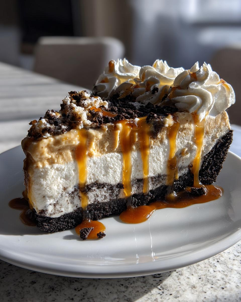 A decadent slice of no-bake ice cream pie featuring layers of dark crust, white filling, and caramel filling, topped with whipped cream and caramel.