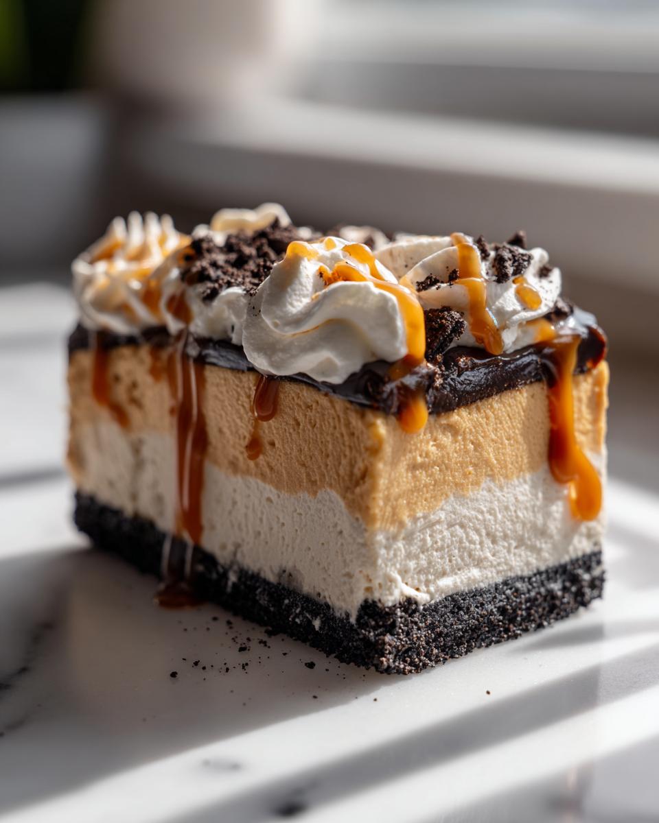 Close-up of a decadent slice of no-bake ice cream pie with layers of filling, chocolate crust, whipped cream, and caramel sauce.