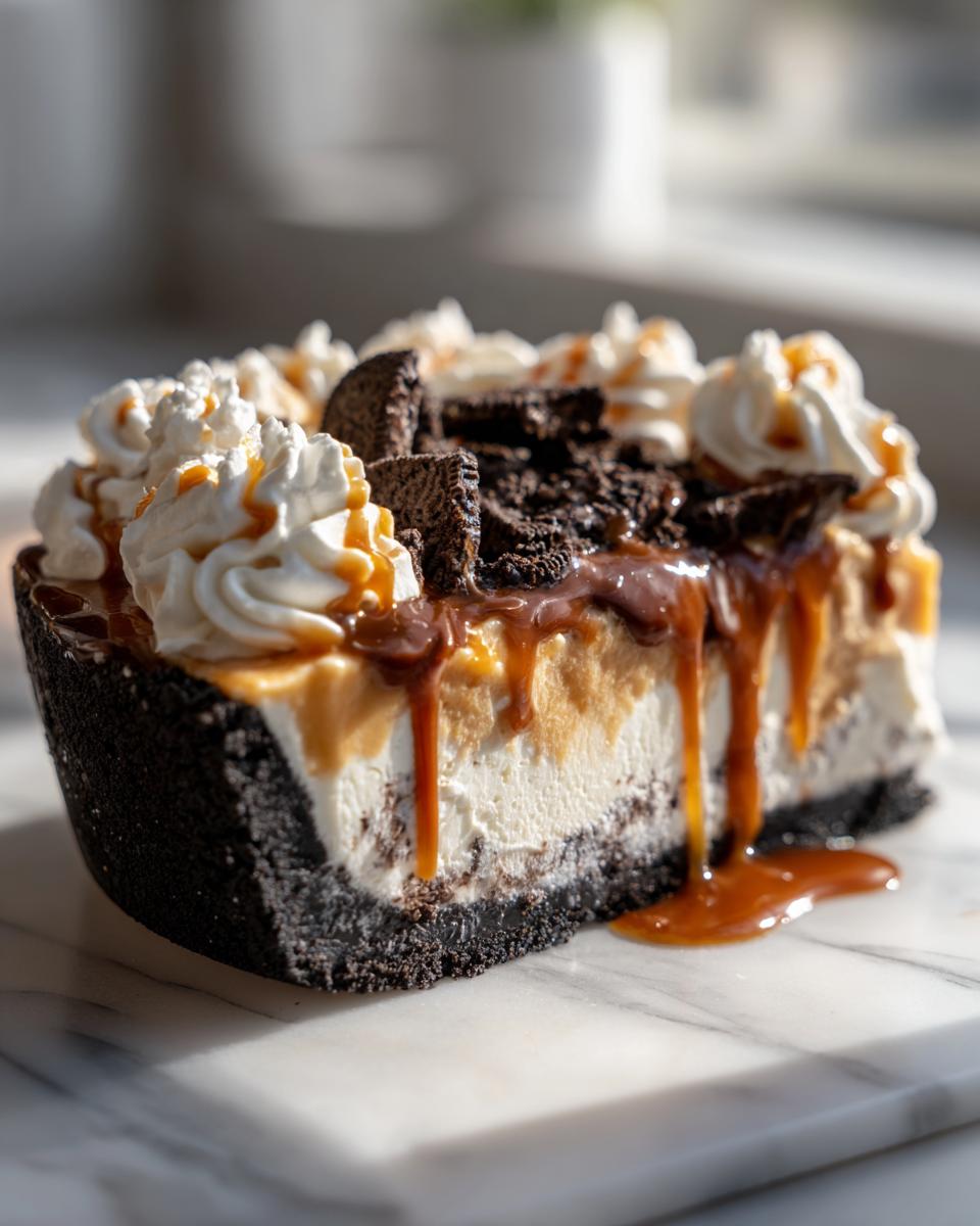 A decadent slice of no-bake ice cream pie featuring a dark crust, creamy filling, whipped cream, and dripping caramel sauce.