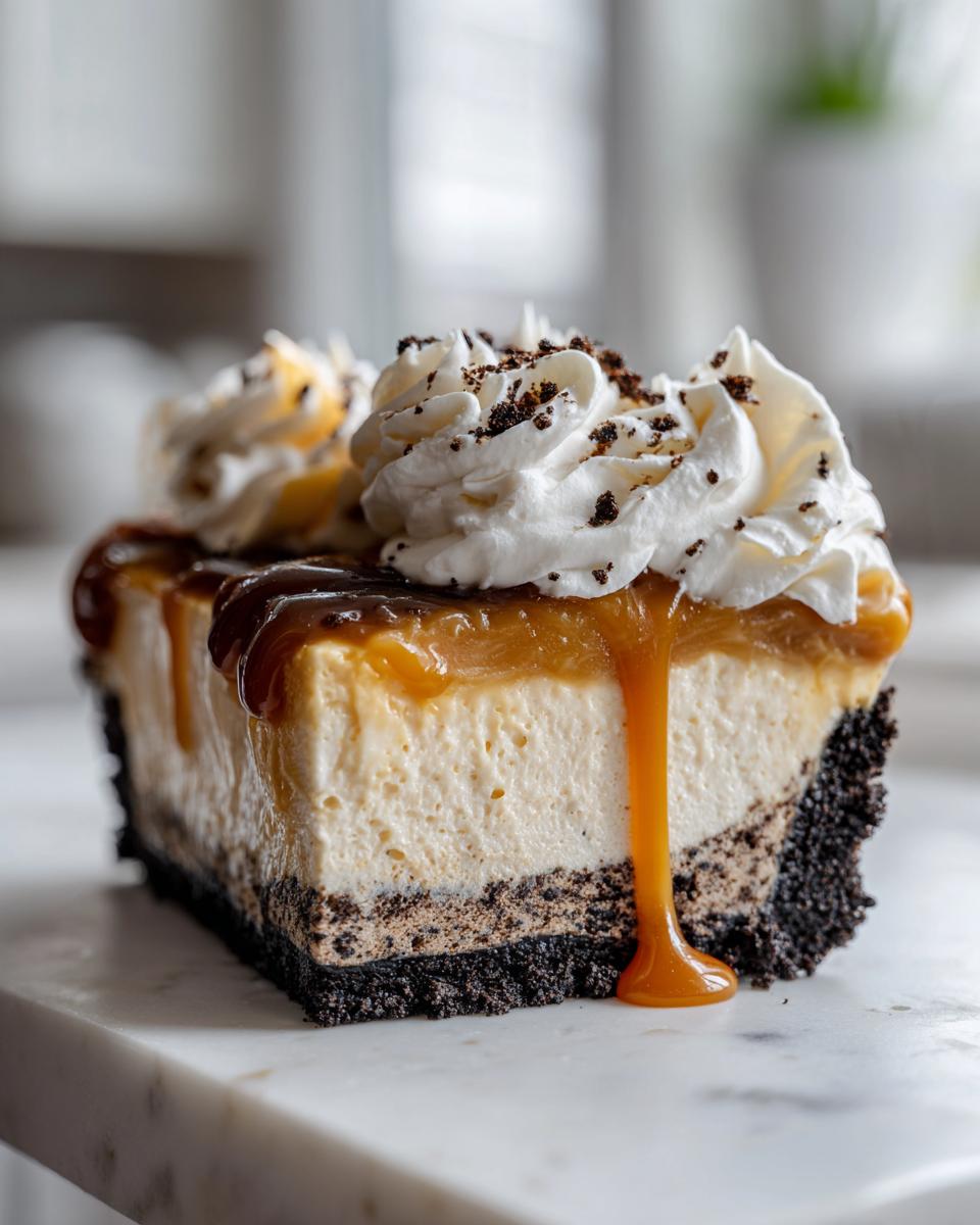 A decadent slice of no-bake ice cream pie with a dark cookie crust, creamy filling, caramel drizzle, and whipped cream.