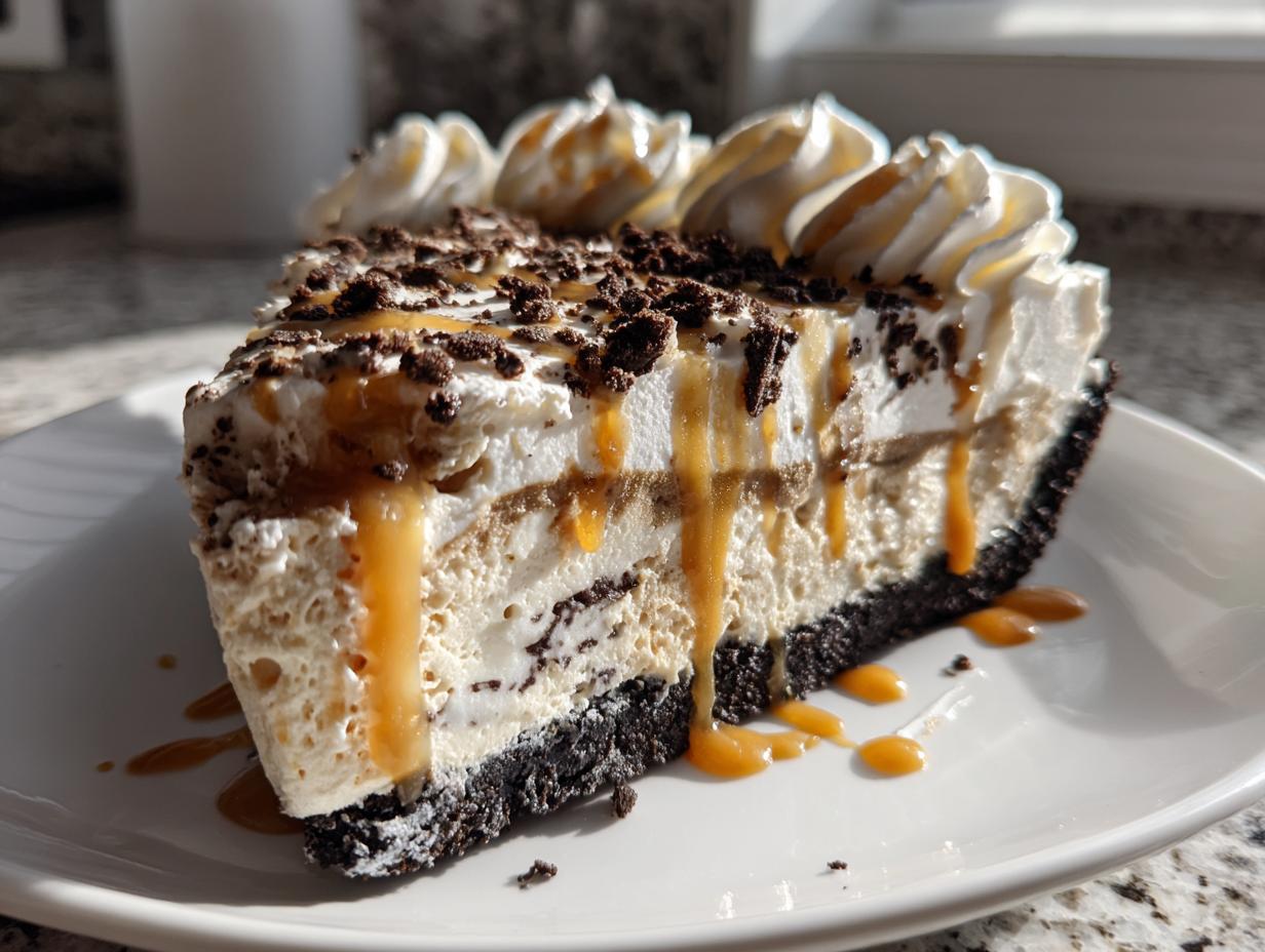 A decadent slice of no-bake ice cream pie featuring layers of filling, whipped cream, and caramel sauce.