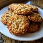 A stack of golden brown, lacy oatmeal lace cookies piled high on a white plate.