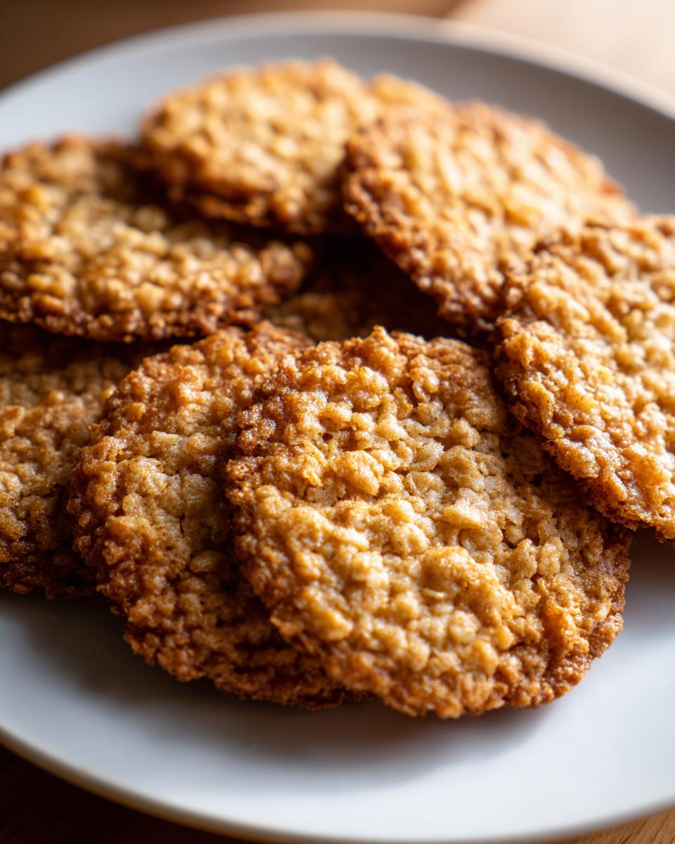A stack of golden brown, crispy oatmeal lace cookies piled on a light gray plate.