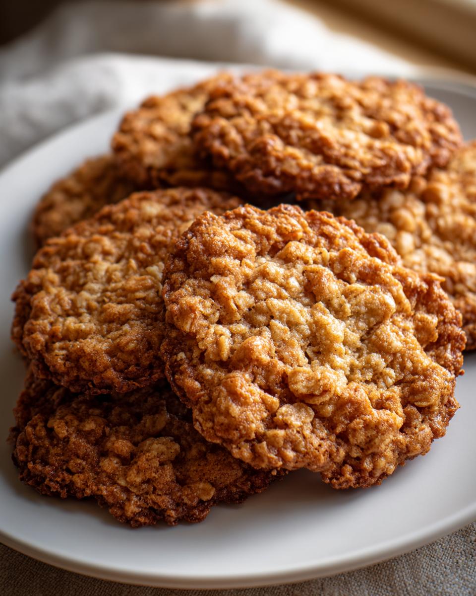 A stack of freshly baked, golden brown oatmeal lace cookies showing their delicate, crispy texture.