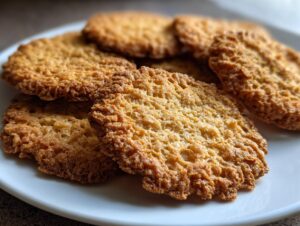 A stack of golden brown, crispy oatmeal lace cookies showing their delicate, lacy texture on a white plate.