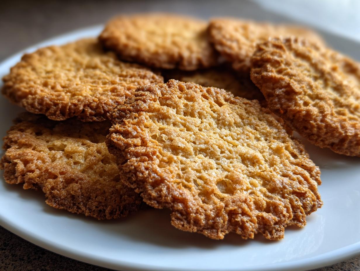 A stack of golden brown, crispy oatmeal lace cookies showing their delicate, lacy texture on a white plate.