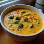 Close-up of a white bowl filled with rich, orange broccoli cheddar soup featuring visible florets of broccoli and diced carrots.