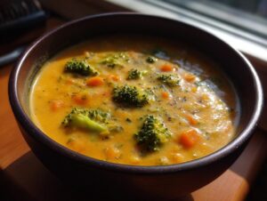 Close-up of a dark bowl filled with rich, orange broccoli cheddar soup featuring visible florets and diced carrots.