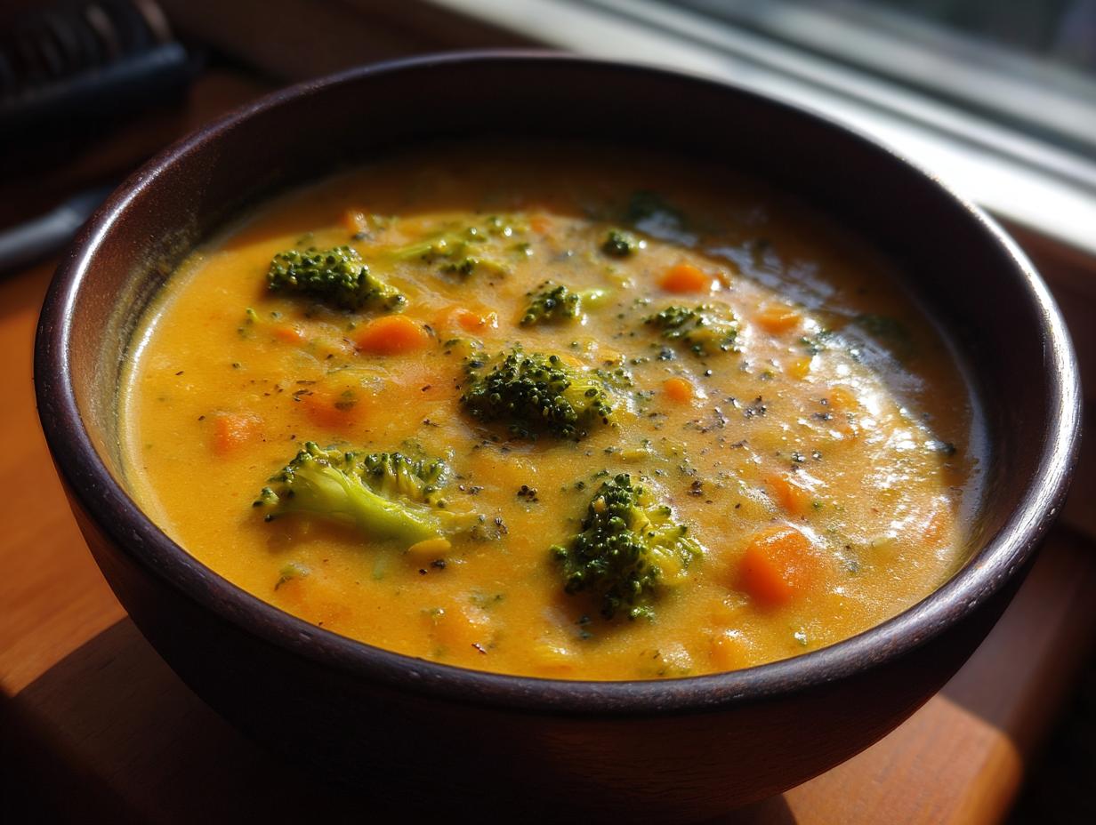 Close-up of a dark bowl filled with rich, orange broccoli cheddar soup featuring visible florets and diced carrots.