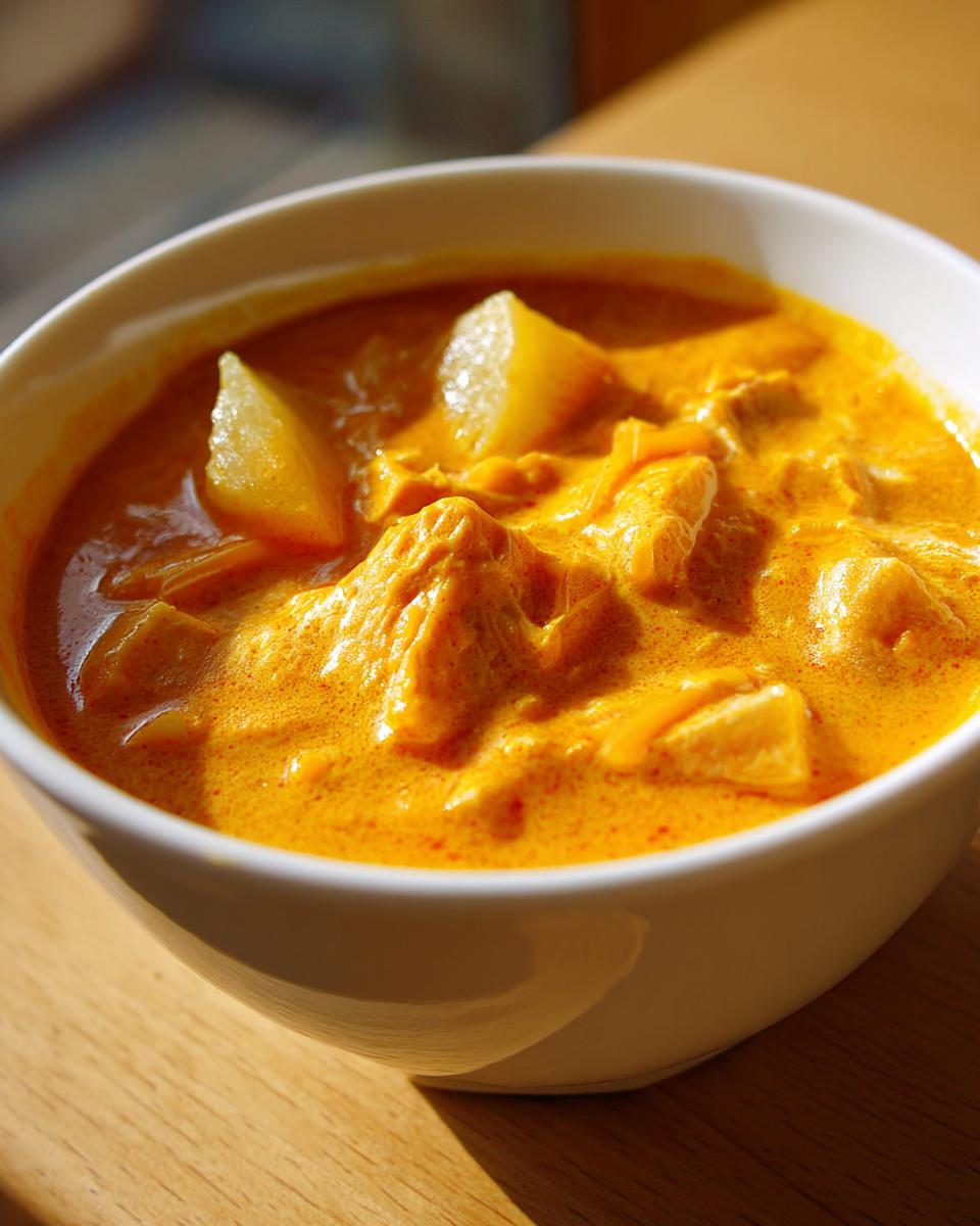 Close-up of a bowl filled with thick, vibrant orange cheese soup containing chunks of potato or cheese.