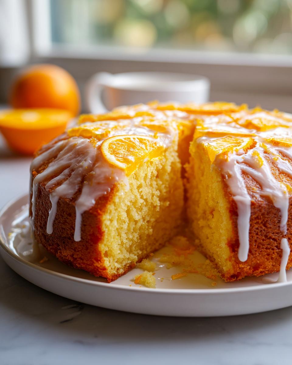 A slice cut from a vibrant orange juice cake topped with white glaze and candied orange slices.