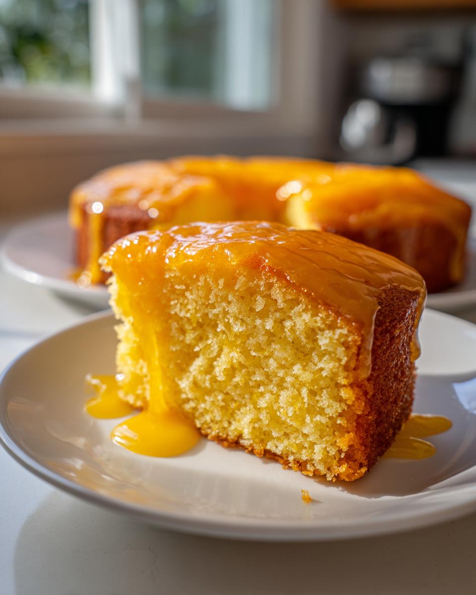 A moist slice of orange juice cake topped with a thick, dripping orange glaze, sitting on a white plate.
