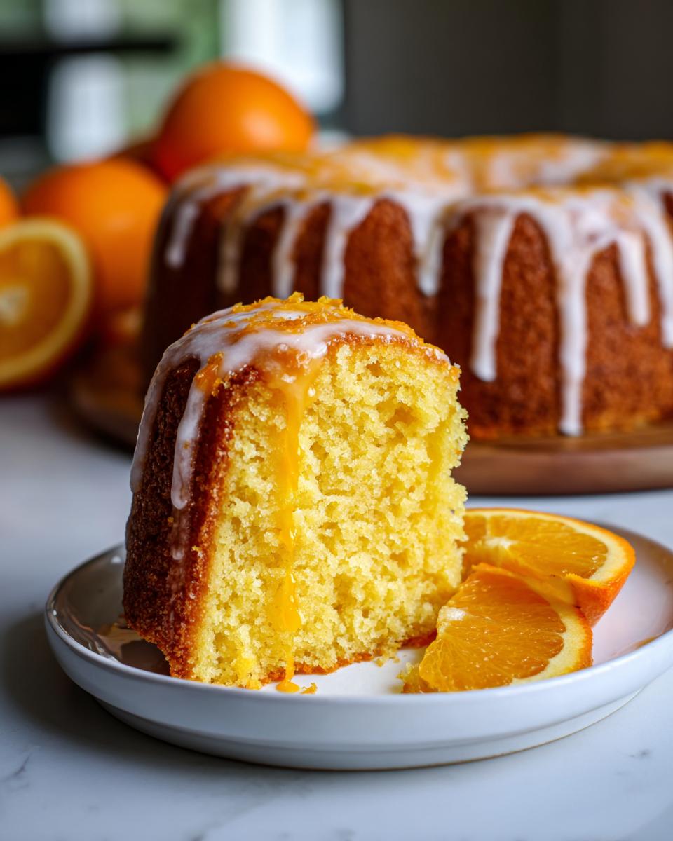 A close-up slice of moist orange juice cake drizzled with white glaze and orange zest.