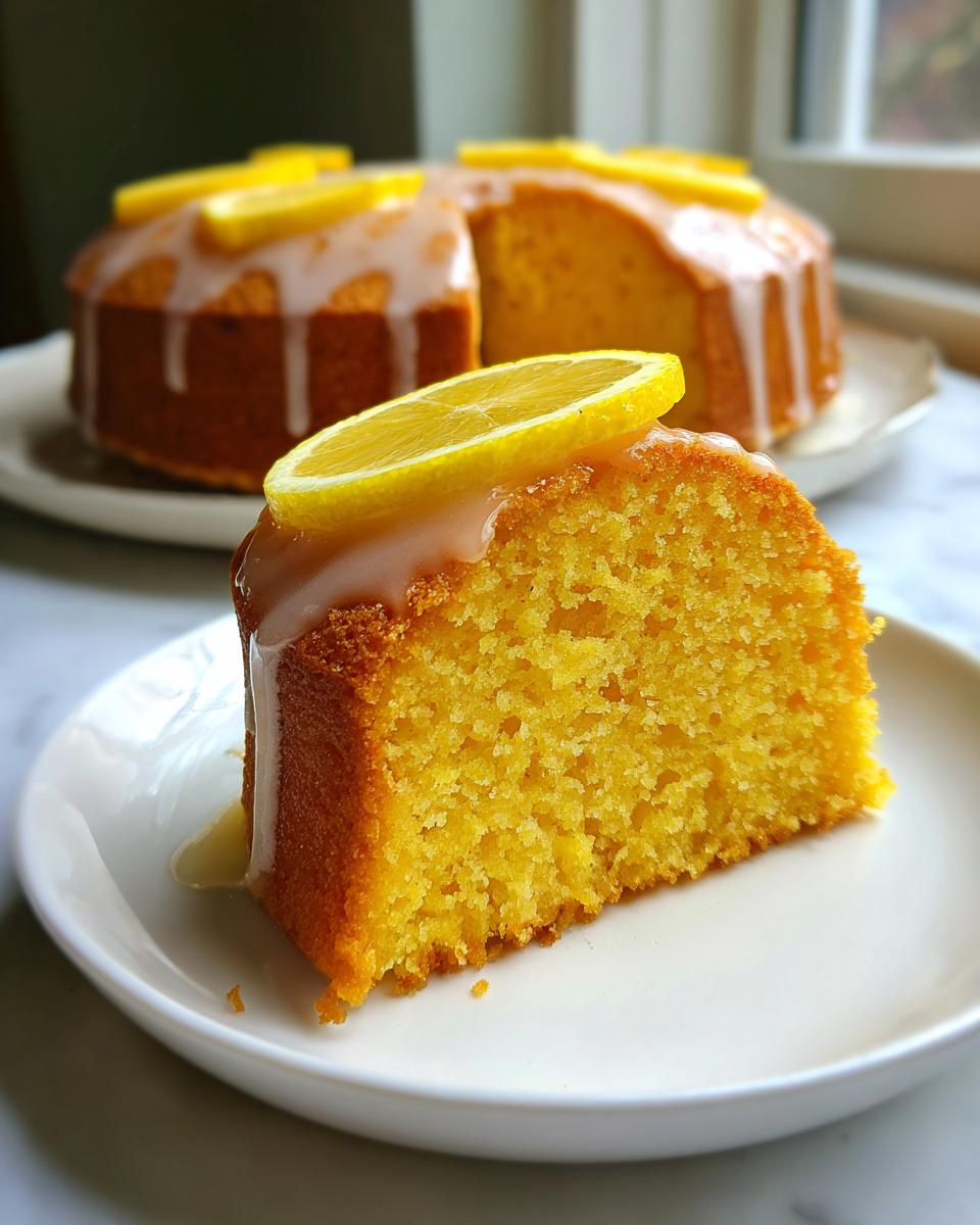 A close-up of a slice of bright yellow orange juice cake, topped with white glaze and a lemon slice.