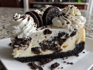A decadent slice of Oreo cheesecake featuring a dark crust, creamy filling mixed with chocolate cookie pieces, topped with whipped cream and whole Oreos.