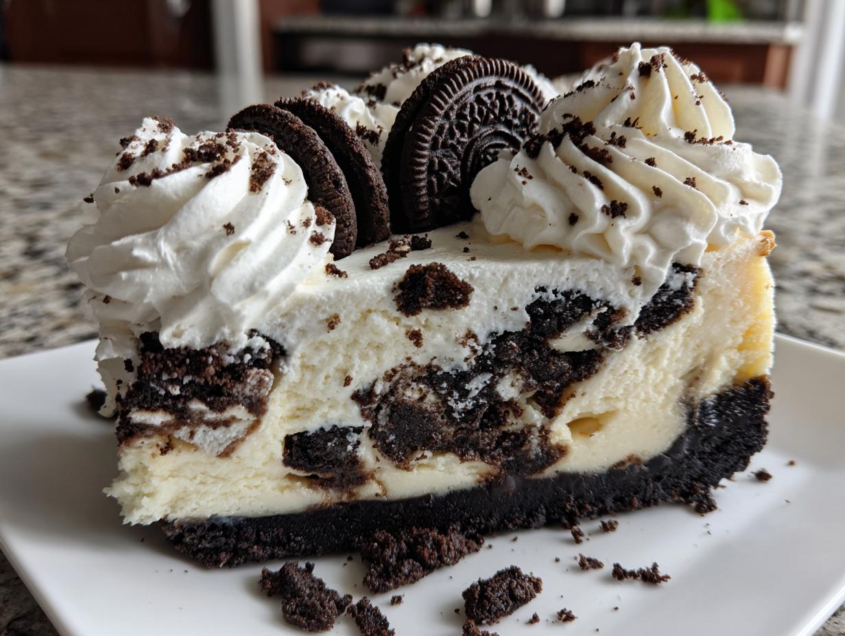 A decadent slice of Oreo cheesecake featuring a dark crust, creamy filling mixed with chocolate cookie pieces, topped with whipped cream and whole Oreos.