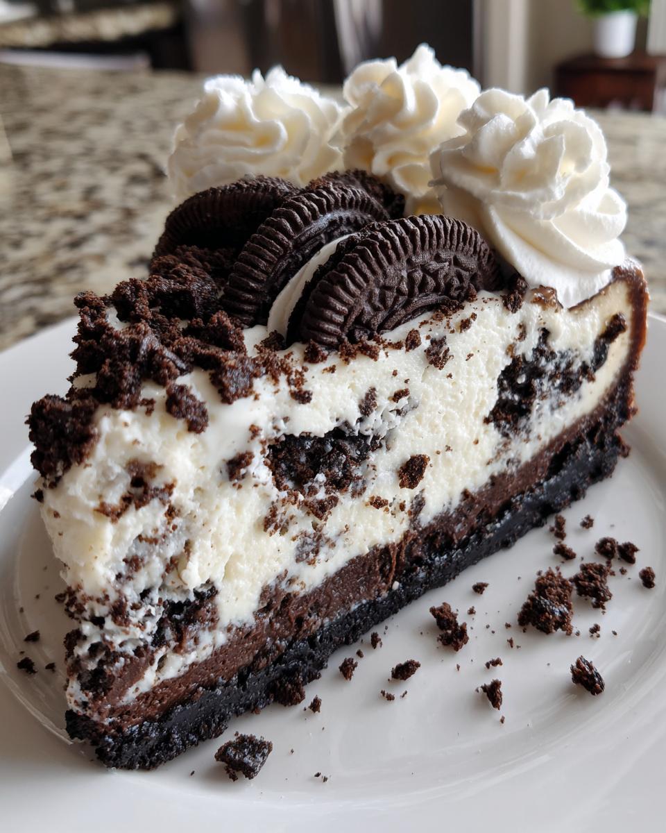 A decadent slice of Oreo cheesecake topped with whipped cream, crushed cookies, and whole Oreos.