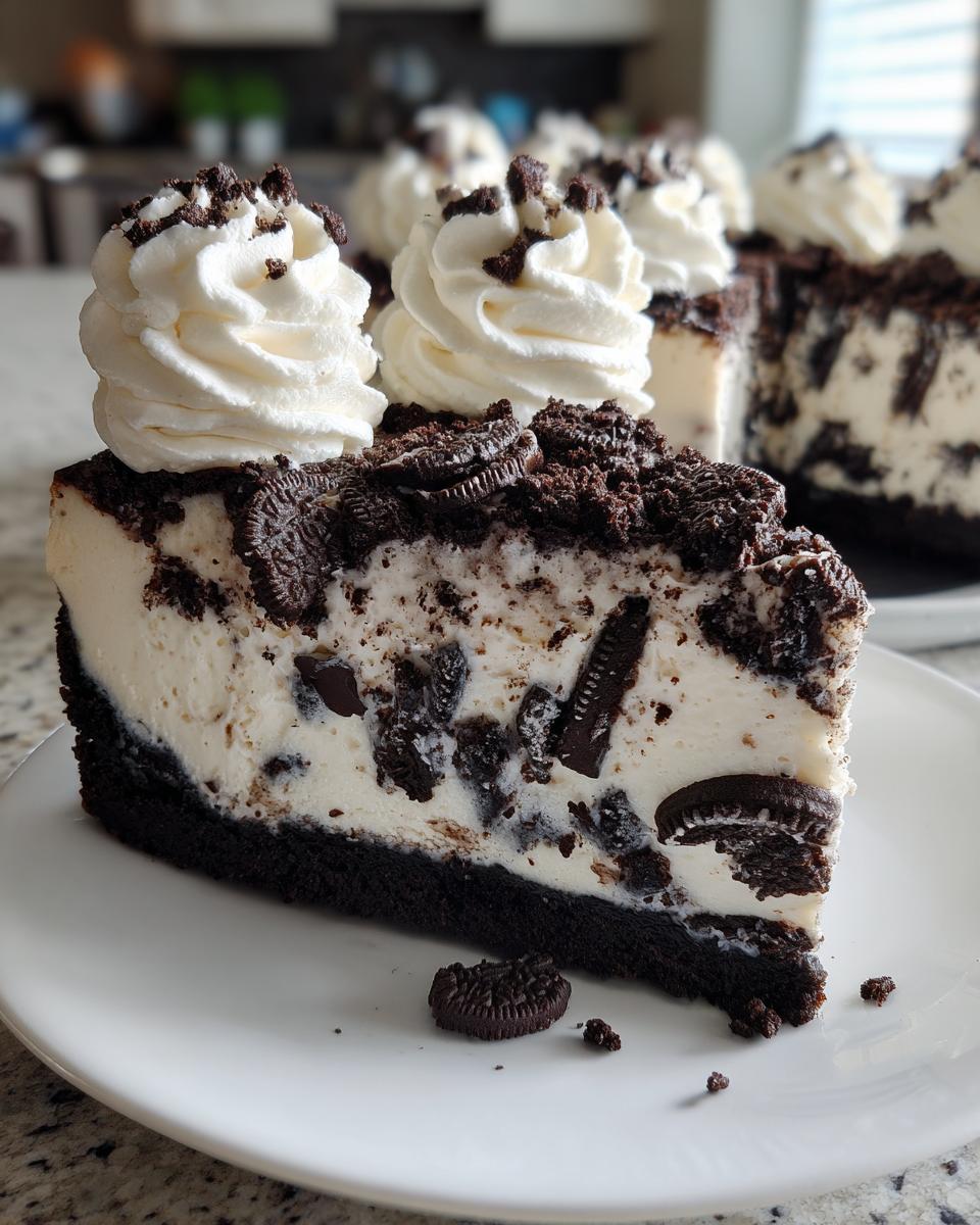 A decadent slice of Oreo cheesecake featuring a dark crust, creamy filling loaded with cookie pieces, topped with whipped cream.