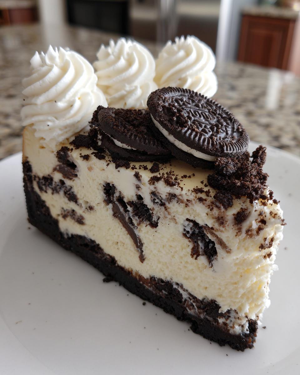 A perfect slice of Oreo cheesecake featuring a dark crust, creamy filling with cookie chunks, topped with whipped cream and whole Oreo cookies.