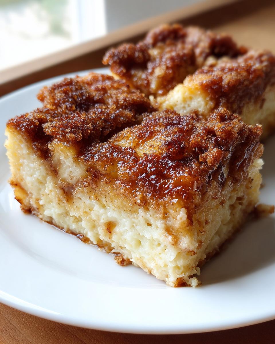 Close-up of a square slice of overnight french toast casserole with a thick, gooey cinnamon brown sugar topping.