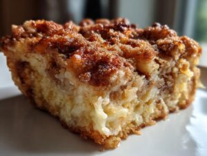 Close-up of a moist slice of overnight french toast casserole featuring a rich, cinnamon streusel topping.