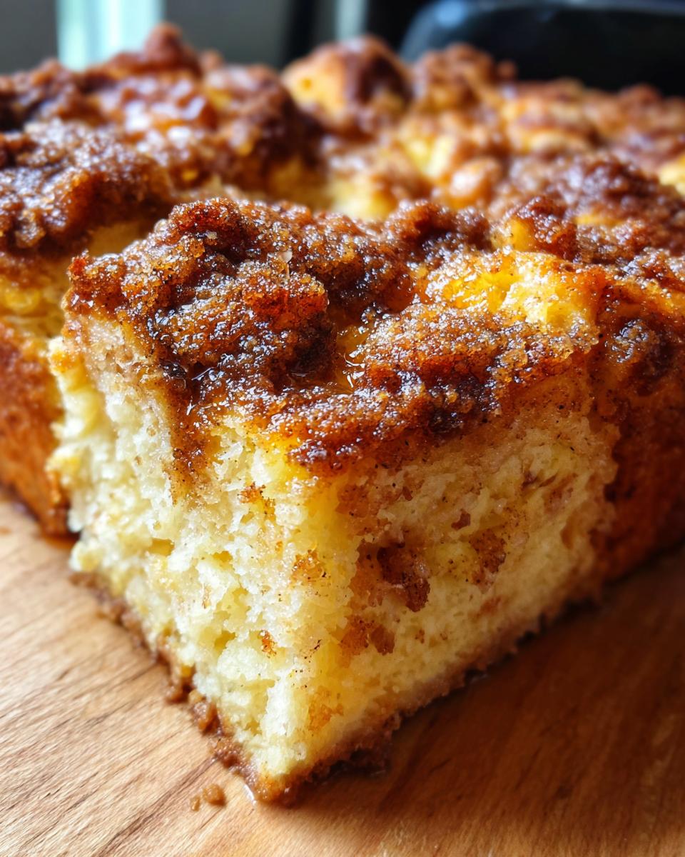 A close-up, macro shot of a square slice of overnight french toast casserole with a thick, sugary cinnamon crumb topping.