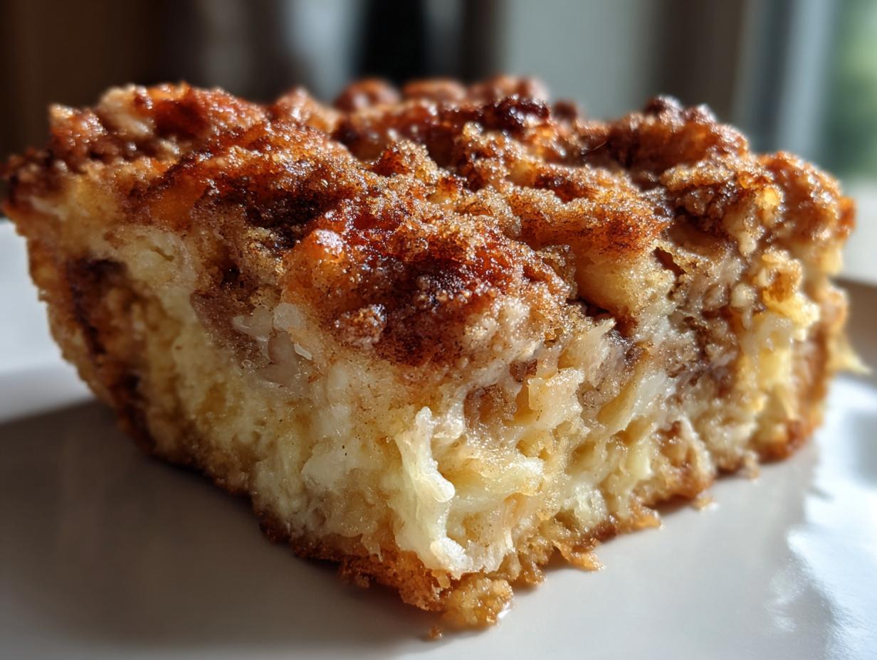 Close-up of a moist slice of overnight french toast casserole featuring a rich, cinnamon streusel topping.