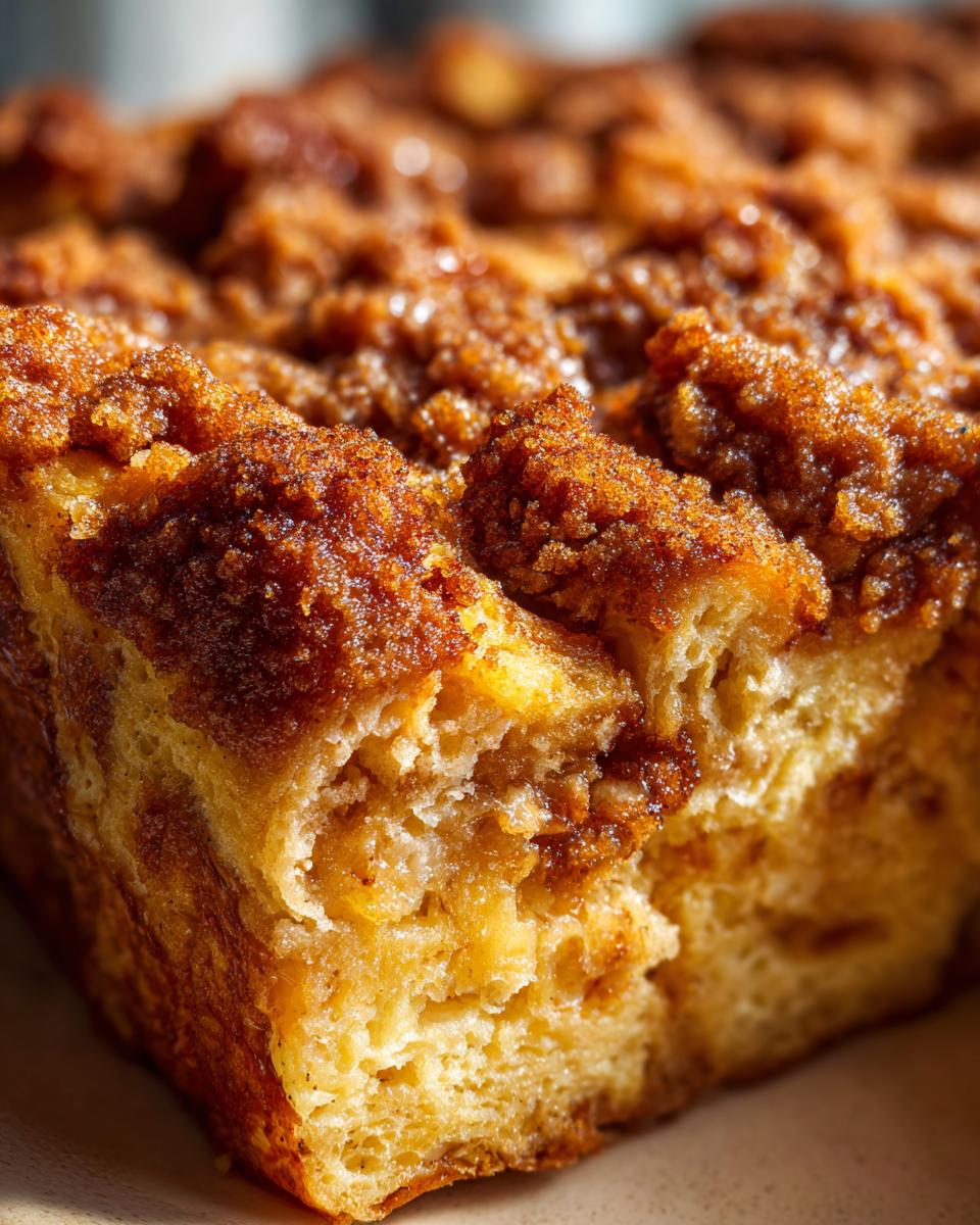 A close-up, macro shot of a rich, golden slice of overnight french toast casserole topped with a thick, sugary cinnamon streusel.