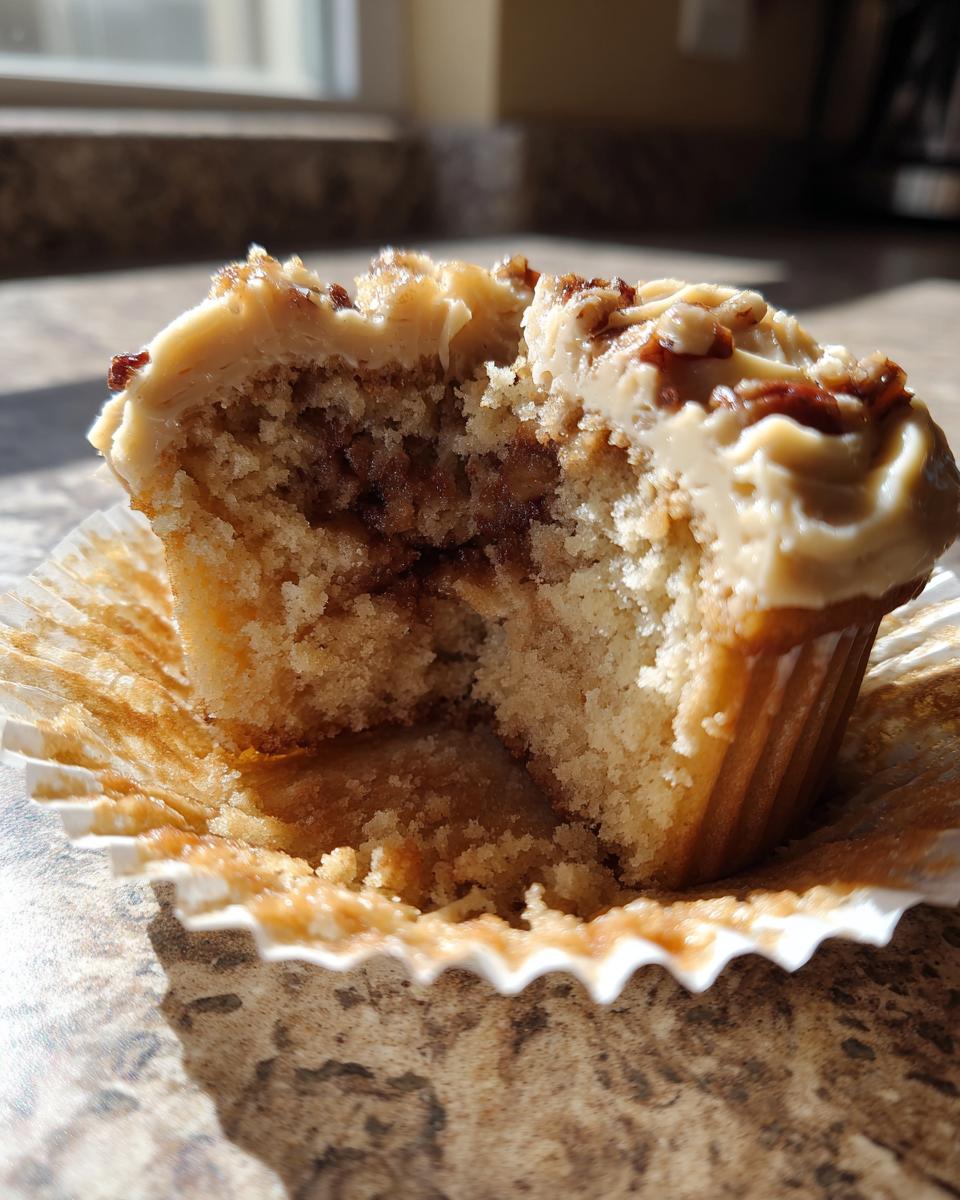Close-up of a pecan pie cupcakes cut in half, showing the moist cake, gooey filling, and caramel frosting.