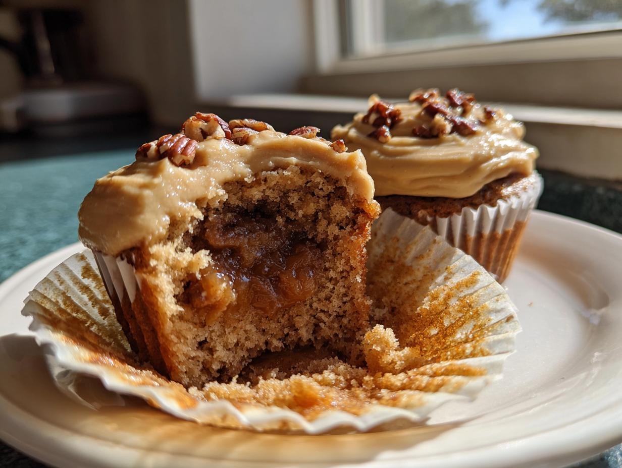Close-up of a pecan pie cupcake cut in half showing gooey filling, topped with caramel frosting and pecans.