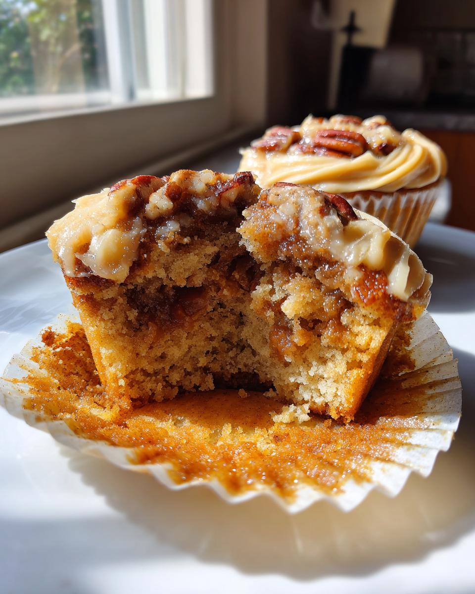 Close-up of a pecan pie cupcake cut in half showing the moist interior and gooey filling, with another frosted cupcake in the background.