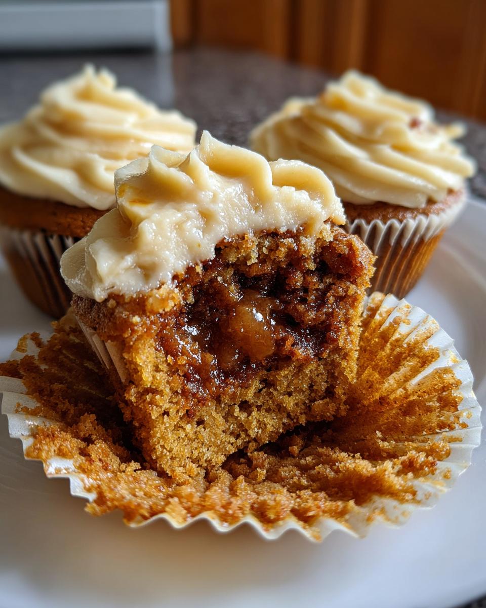 A close-up view of a pecan pie cupcake cut in half, showing the gooey filling and topped with creamy frosting.
