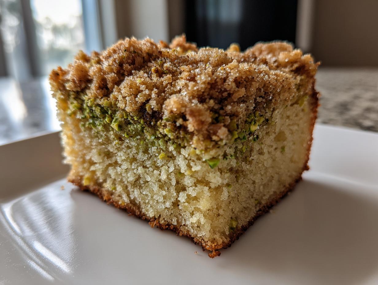 Close-up of a square slice of pistachio coffee cake showing the moist crumb, green pistachio layer, and sugary streusel topping.