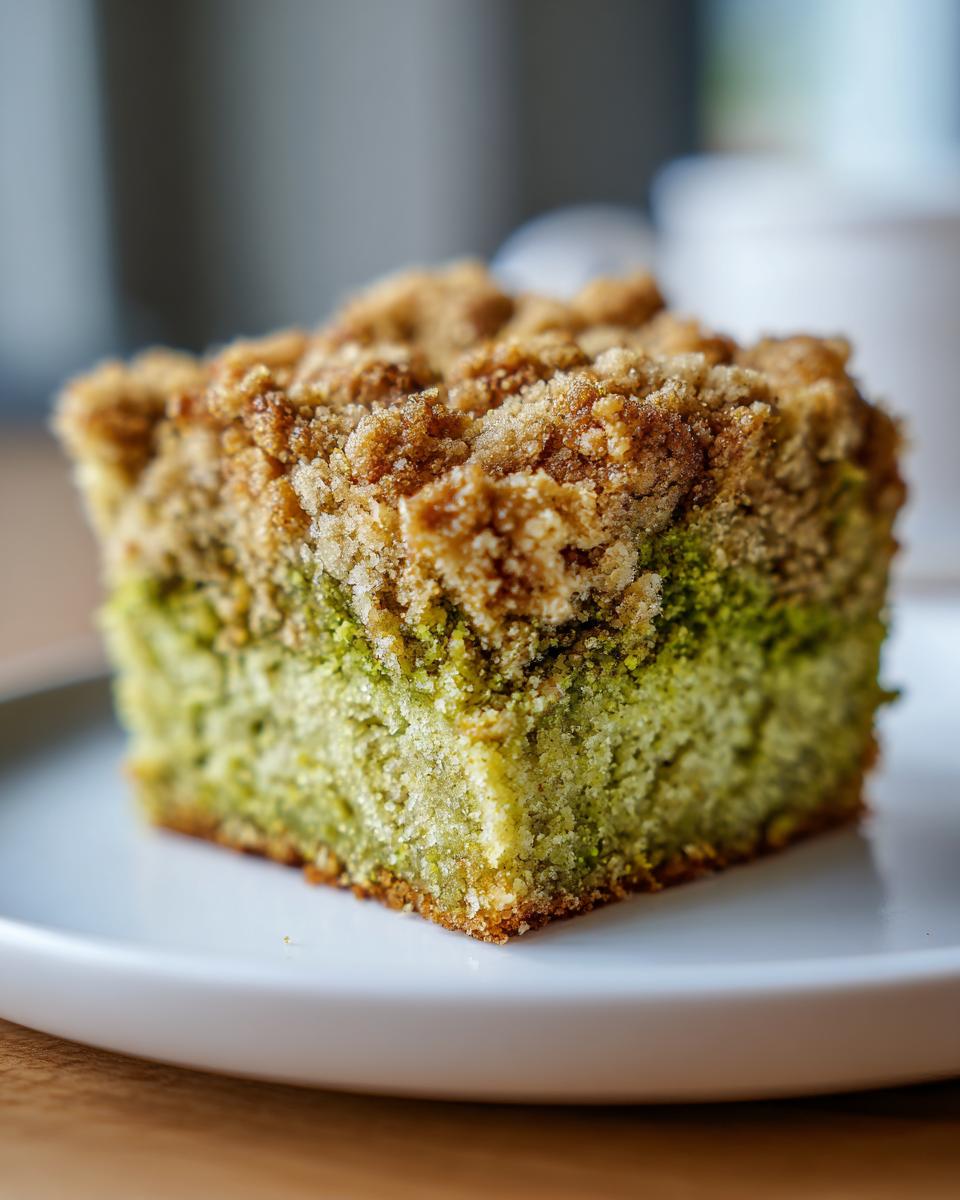Close-up of a square slice of bright green pistachio coffee cake topped with a thick, golden brown streusel crumb topping.
