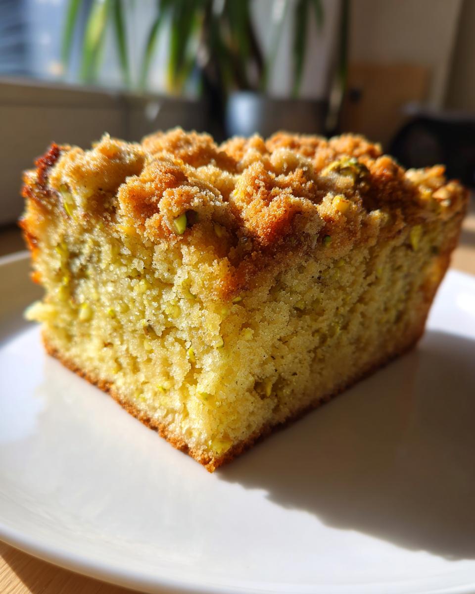 Close-up of a square slice of bright green pistachio coffee cake topped with a golden brown crumb topping, sitting on a white plate.