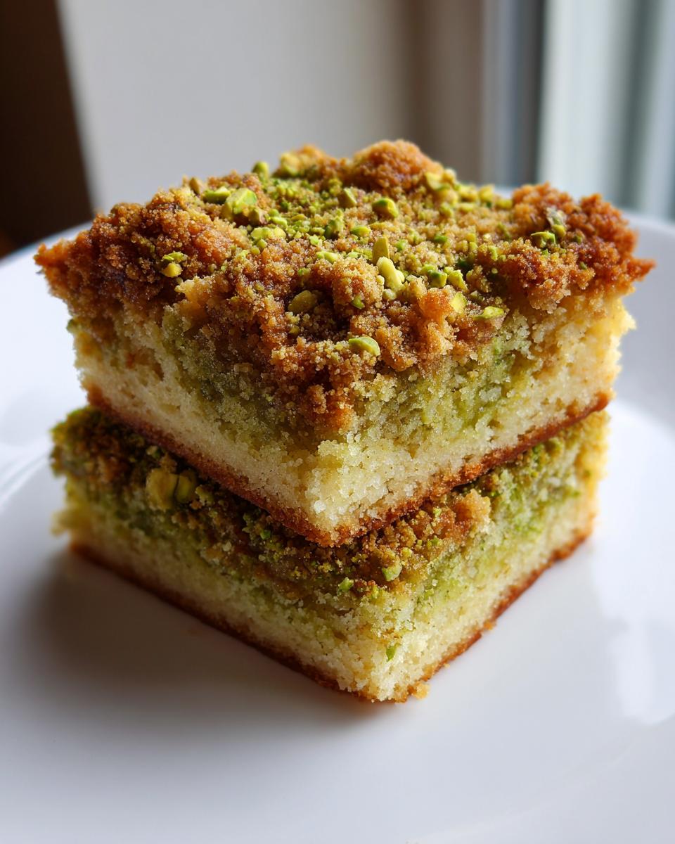Two stacked squares of moist pistachio coffee cake featuring a green pistachio layer and a crunchy brown streusel topping.