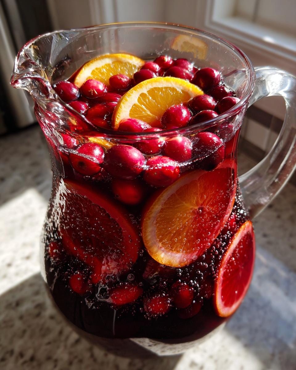 Close-up of a glass pitcher filled with deep red holiday sangria, floating cranberries, and bright orange slices.