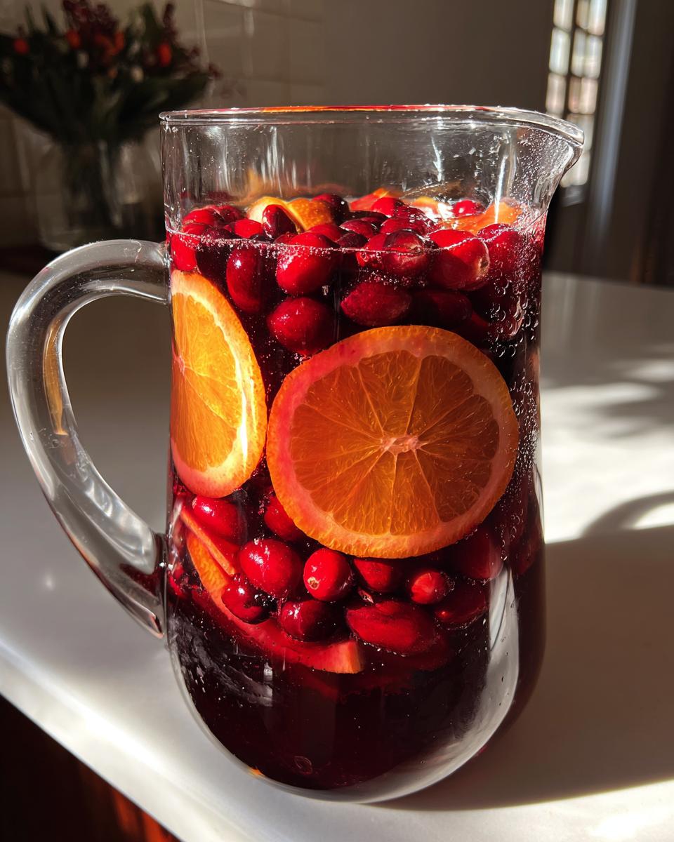 A clear glass pitcher filled with dark red holiday sangria, loaded with fresh cranberries and bright orange slices.