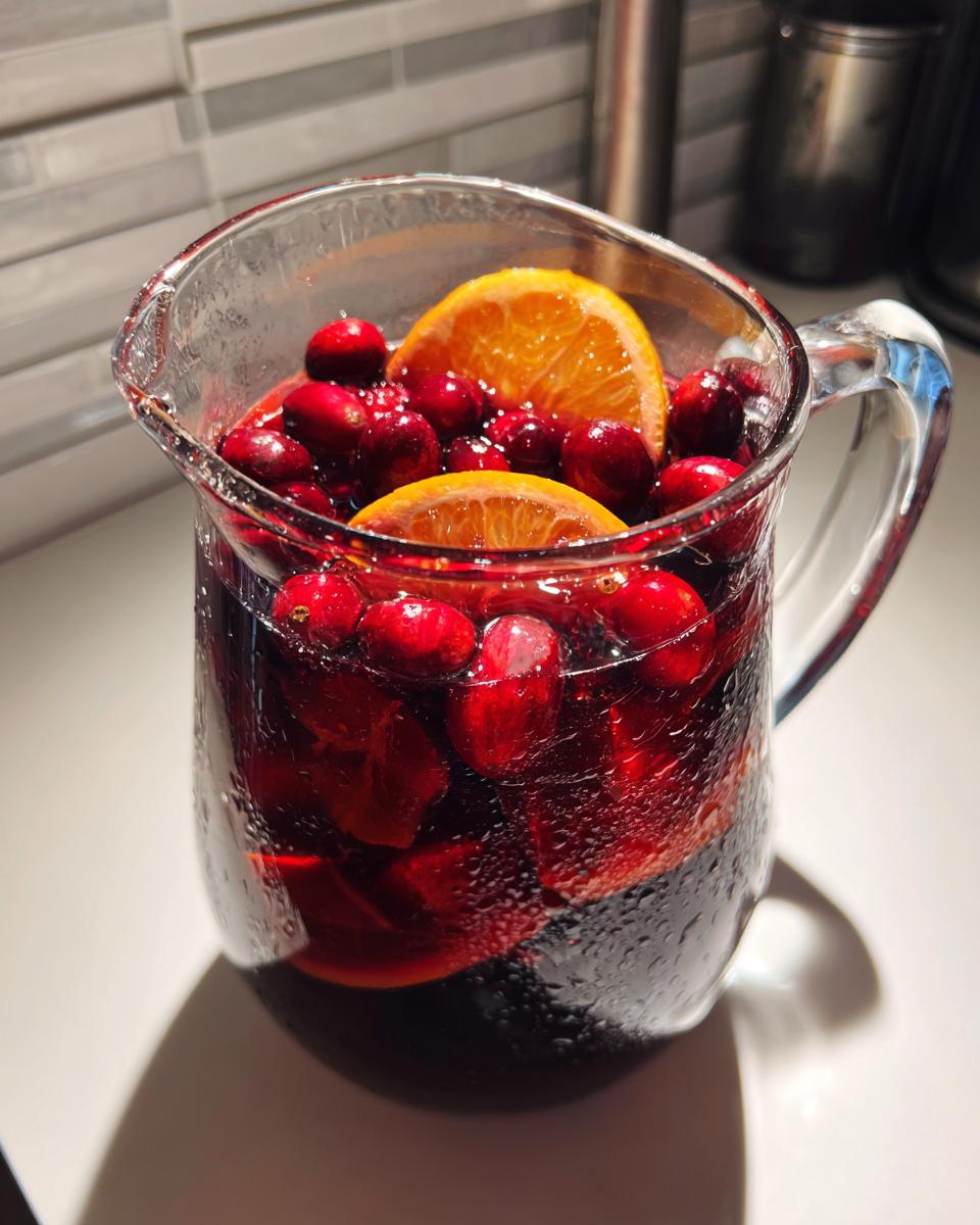 A close-up of a glass pitcher filled with dark red holiday sangria, garnished with fresh cranberries and orange slices.