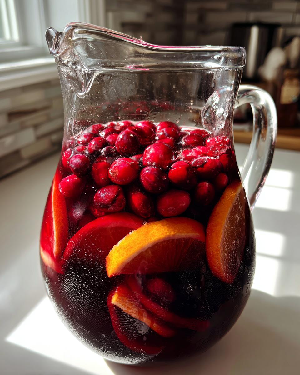 A clear glass pitcher filled with dark red holiday sangria, loaded with fresh cranberries and orange slices.