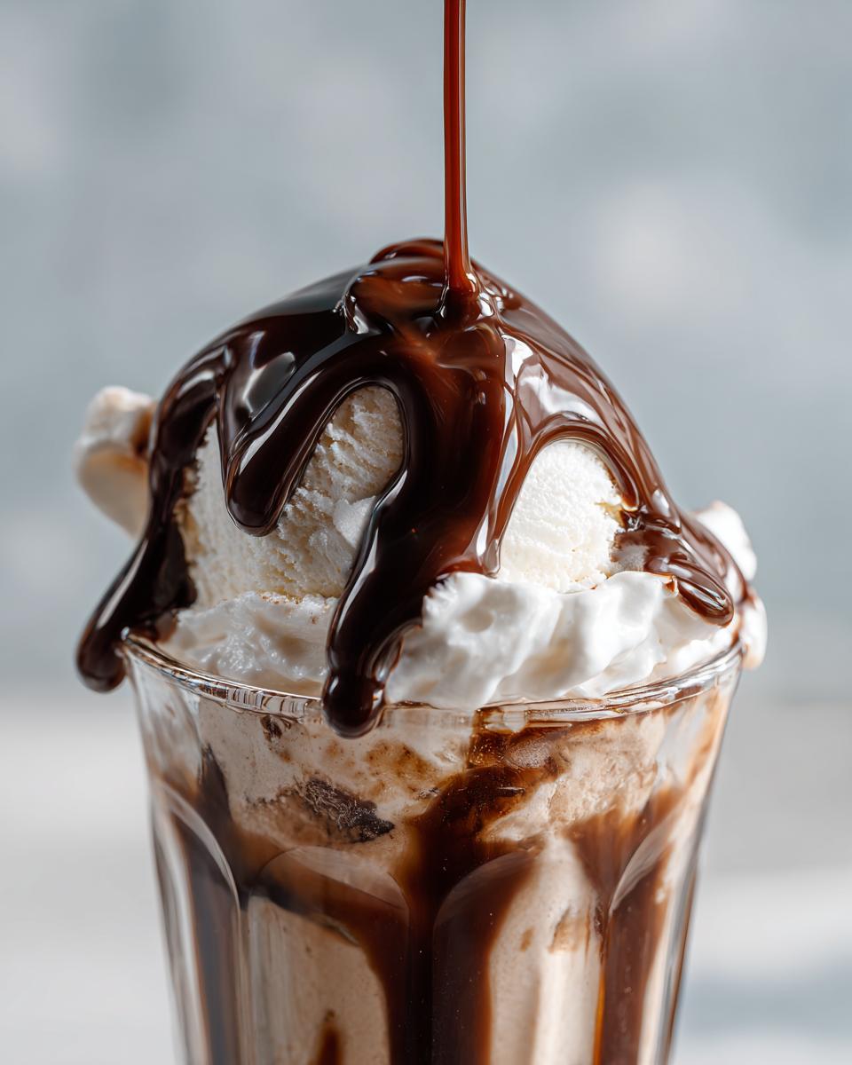 Close-up of thick, glossy chocolate syrup being poured over a scoop of vanilla ice cream and whipped cream.