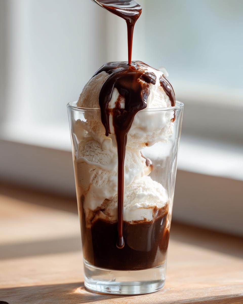 A spoonful of rich chocolate syrup is being poured over scoops of vanilla ice cream in a clear glass.