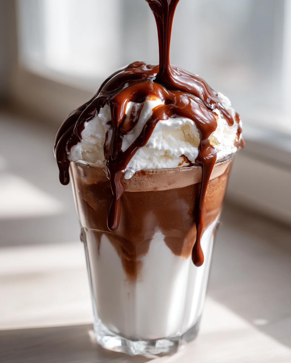 Thick, glossy chocolate syrup being poured over whipped cream on top of a layered cold drink.