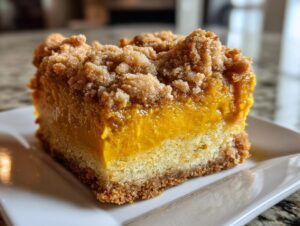Close-up of a layered pumpkin crunch bar with a thick, bright orange pumpkin filling and crumbly streusel topping.