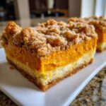 A close-up of a layered pumpkin crunch bar showing a crust, creamy pumpkin filling, and crumbly topping.